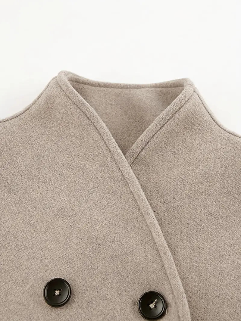 Elegant dobbeltradet beige jakke for kvinner – Vintage V-hals,