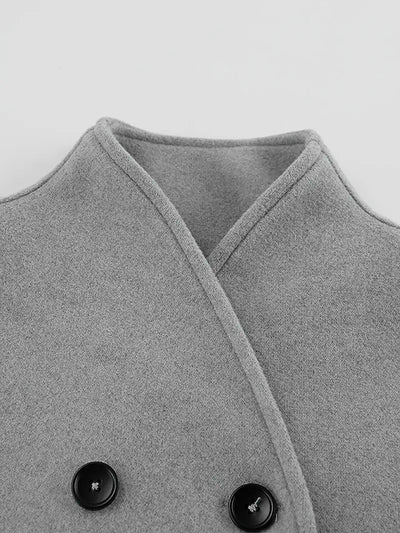 Elegant dobbeltradet beige jakke for kvinner – Vintage V-hals,