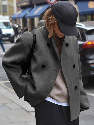 Elegant dobbeltradet beige jakke for kvinner – Vintage V-hals,